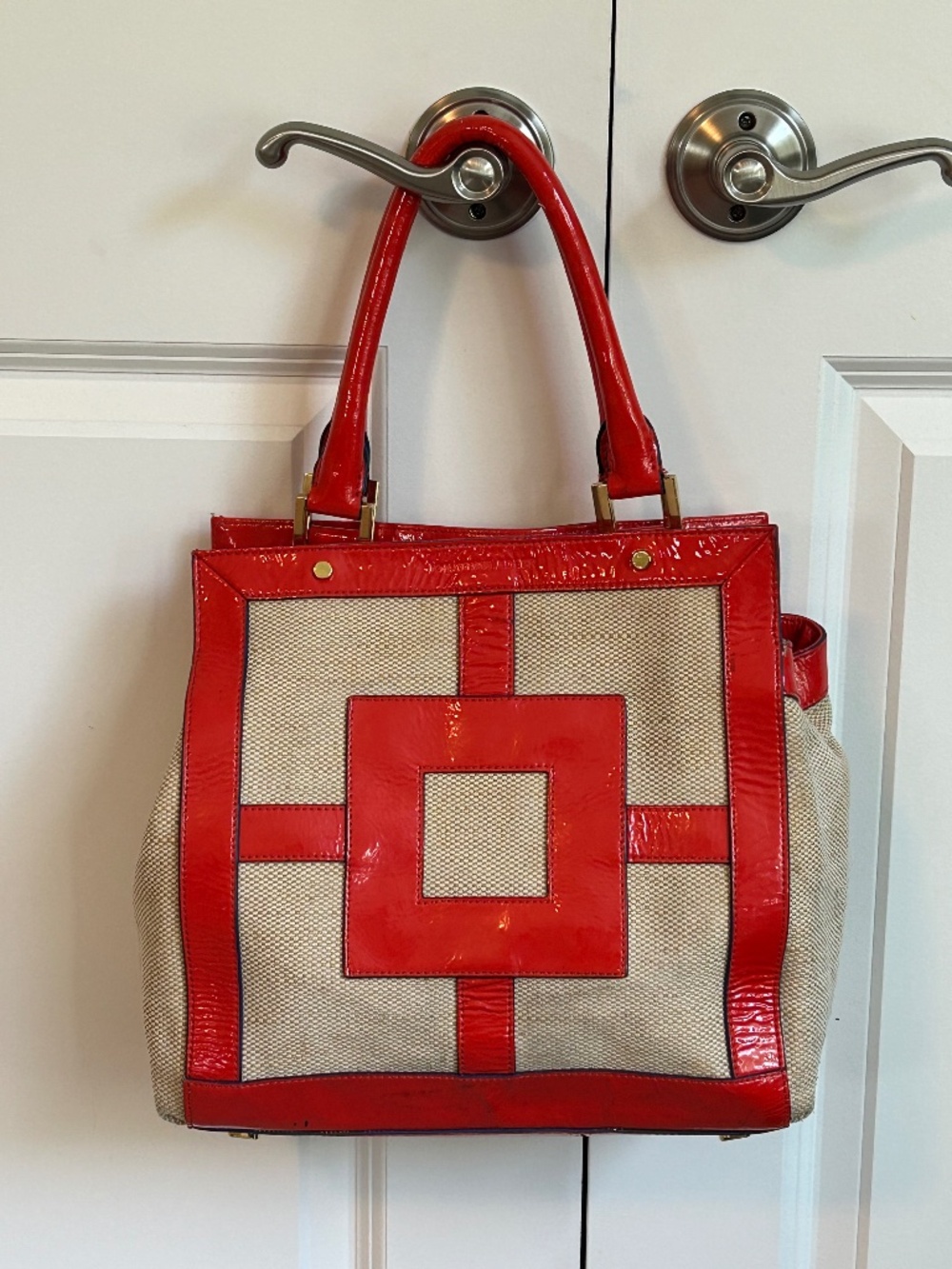 Jonathan Adler Orange Patent Leather Trim Linen Cotton Canvas Geometric Tote Bag